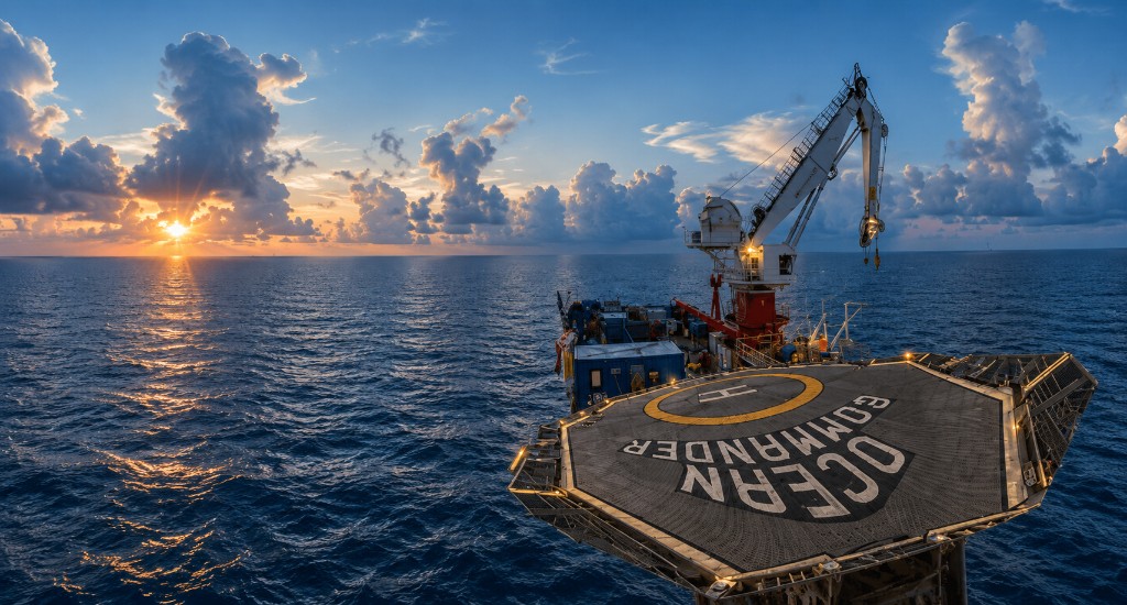 Helipad Ocean Commander i zachód nad oceanem