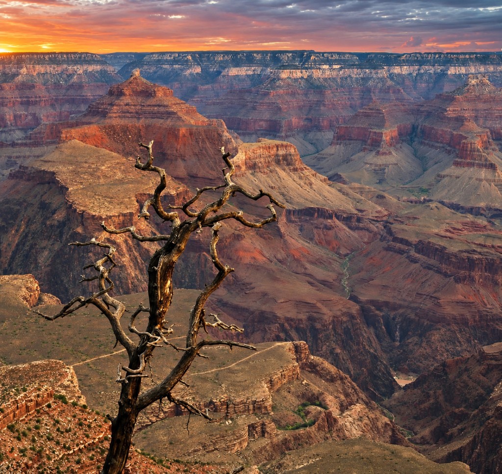 Grand Canyon — martwe drzewo o zachodzie